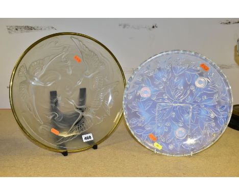 TWO FRENCH ART DECO MOULDED GLASS PLATES, the larger plate signed 'Verlys, France', relief moulded depicting carp in a pond w
