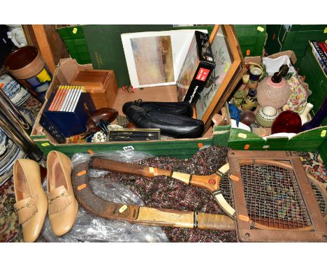 FOUR BOXES AND LOOSE CERAMICS, GLASS, SUNDRIES, ETC, to include Carlton Ware match striker, Coalport 'Indian Tree Coral' trin