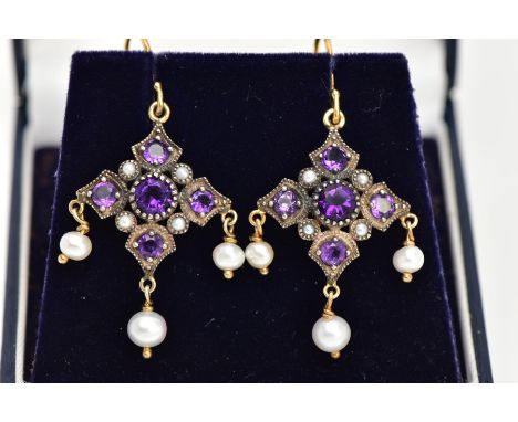 A PAIR OF YELLOW METAL DROP EARRINGS, each drop of a diamond shape set with four circular cut amethysts, seed pearl detail, s