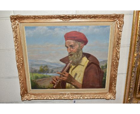 DOMOKOS PAP (1894-1972) a portrait of a Shepherd playing a flute in a landscape setting, signed and dated 1960 bottom right, 