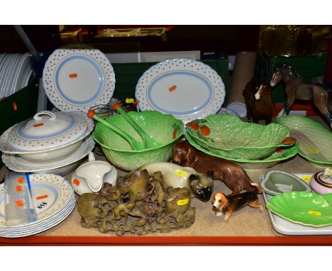 A GROUP OF CERAMIC DINNERWARES AND ORNAMENTS, ETC, to include twenty four pieces of Woods Ivory Ware dinnerware, decorated wi