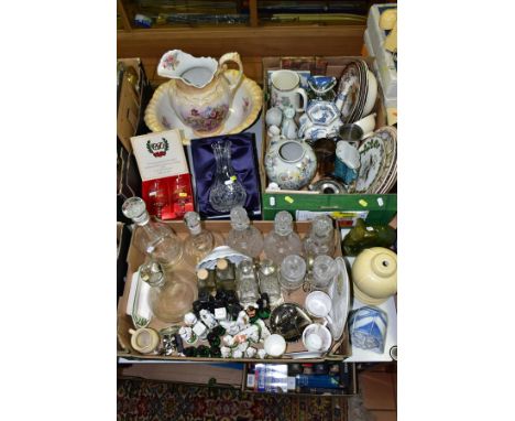 TWO BOXES AND LOOSE CERAMICS, GLASS, METALWARE, ETC, to include boxed Stuart Crystal Carafe, Susie Cooper Sunflower breakfast