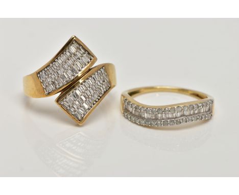 TWO 9CT GOLD DIAMOND RINGS, the first designed as a curved line of baguette cut diamonds flanked by single cut diamonds, esti