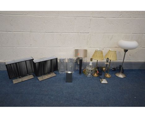 A QUANTITY OF LIGHTING, to include a pair of brassed Laura Ashley table lamps with shades, a modern cylindrical standard lamp