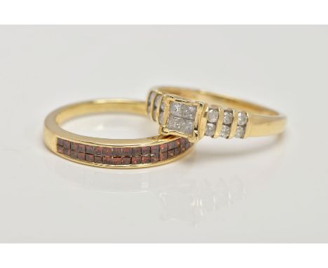 TWO 9CT GOLD DIAMOND RINGS, the first designed with a square mount set with four princess cut diamonds, flanked with round br