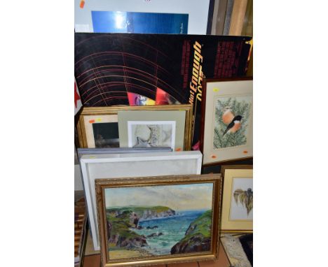 A GROUP OF PICTURES AND CINEMA POSTERS, including prints, watercolours, pastels, silk embroidery, etc, artists include John C