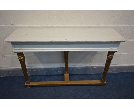 A 19TH CENTURY FRENCH CONSOLE TABLE, later cream painted and over gilded, width 127cm x depth 38cm x height 81cm (condition -