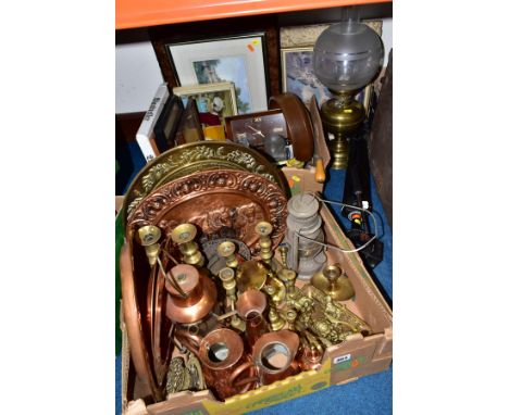 TWO BOXES AND LOOSE METALWARES, PICTURES AND SUNDRY ITEMS, to include copper and brass chargers, bowls, candlesticks, jugs an