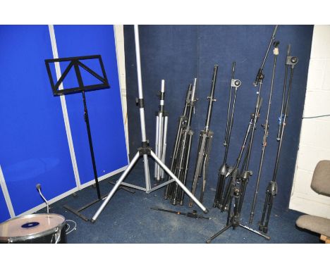 A COLLECTION OF MUSICAL EQUIPMENT STANDS including a pair of aluminium speaker stands max height 183cm, three other speaker s