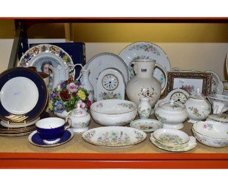 THIRTY SIX PIECES OF CERAMIC GIFT AND TEA WARES, to include Aynsley Wild Tudor clocks, plate, large jug, wheelbarrow ornament