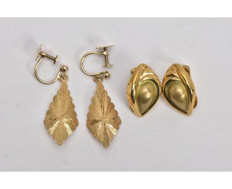 TWO PAIRS OF YELLOW METAL DROP EARRINGS, the first a pair of non-pierced diamond shaped textured earrings, clip back fittings