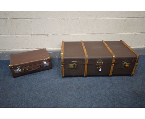 A VINTAGE TRAVELLING TRUNK, and a globe trotter suitcase (2)