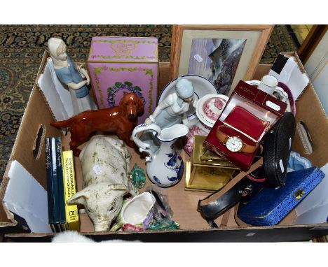 A BOX OF CERAMICS, GLASS, BOXED ROTARY WATCH, ROYAL COMMEMORATIVE CUPRO NICKEL CROWNS, FRAMED PRINT, ETC, The James Rowley li