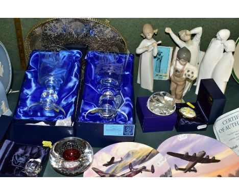 A GROUP OF CERAMICS AND GLASSWARES, to include two Rosal Spanish porcelain figures 'Boy Awakening' No66, height 21cm and 'Gir