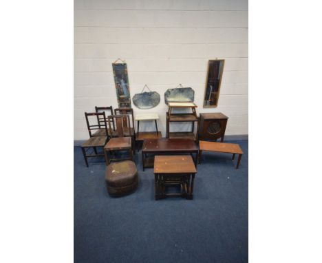 A QUANTITY OF OCCASIONAL FURNITURE,  to include an oak nest of three tables, leatherette pouffe, six various occasional table