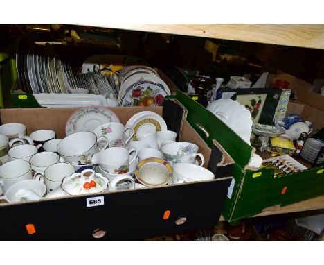 FOUR BOXES OF CERAMICS AND HOUSEHOLD DECORATIVE ITEMS, including  a boxed set of six Crown Staffordshire ceramic handled tea 