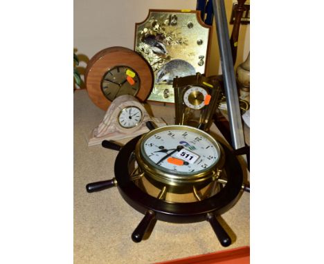 THREE WALL CLOCKS AND TWO MANTEL CLOCKS, comprising a Schatz Princess Cruises wall clock in the form of a ships wheel (with k