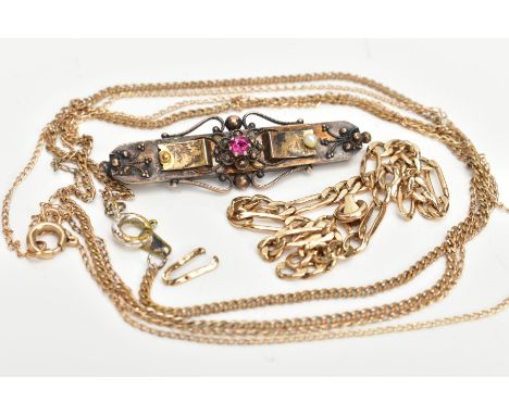 AN EARLY 20TH CENTURY GOLD RUBY AND SEED PEARL BROOCH WITH THREE YELLOW METAL CHAINS, floral brooch with scroll detail, circu