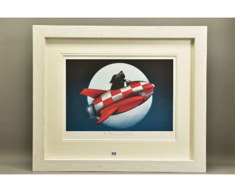 DOUG HYDE (BRITISH 1972) 'THE MOON AND BACK', a signed limited edition print of a dog in a rocket, 135/395, no certificate, a