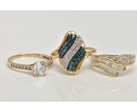 THREE 9CT GOLD GEM SET RINGS, the first of cross over design set with baguette cut diamonds, total estimated diamond weight 0