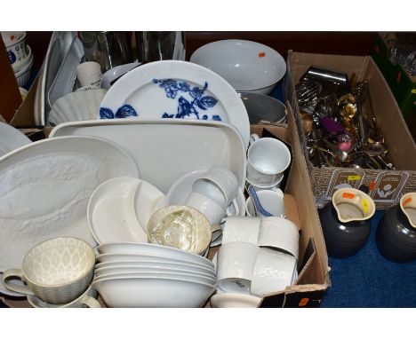 THREE BOXES AND LOOSE CERAMICS, CUTLERY, ETC, to include two dark grey Le Creuset 0.7 litre jugs, Royal Worcester 'Somerset' 