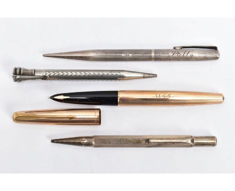 A PARKER FOUNTAIN PEN AND THREE PROPELLING PENCILS, the gold tone Parker pen within an engine turned design case, engraved 3-