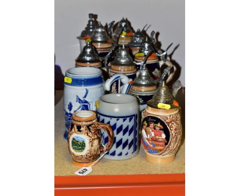 A GROUP OF STEINS AND TANKARDS, to include nine lidded steins, eight ceramic and one cut glass, with original tag and label b