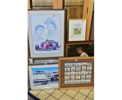 PRINTS AND CIGARETTE CARDS, comprising three Geoff Tristram motoring prints, signed to lower margin, largest 38cm x 58cm, sig