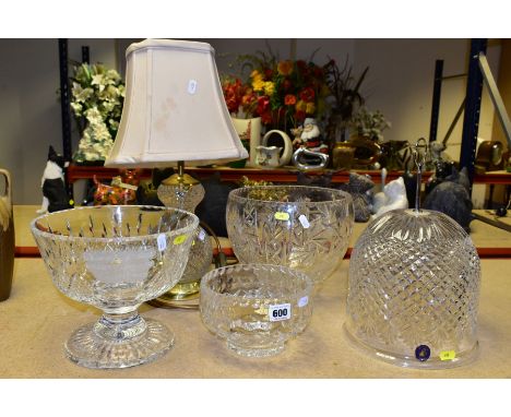 FIVE LARGE CUT CRYSTAL PIECES, comprising a Tutbury Crystal table lamp with shade, a Tutbury Crystal vase converted into a do