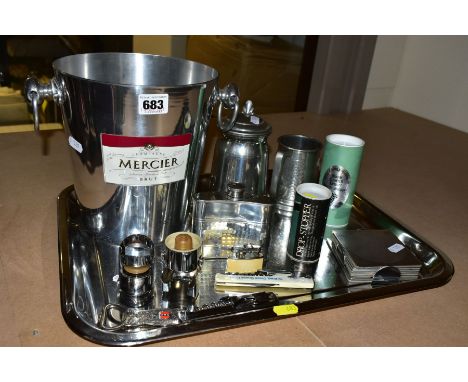 AN ALUMINIUM 'MERCIER' CHAMPAGNE BUCKET AND OTHER DRINKS/BAR ACCESSORIES, including a pewter hip flask and two pewter tankard