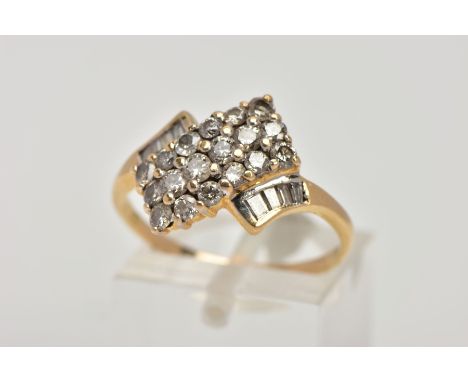 A YELLOW METAL DIAMOND DRESS RING, of an asymmetrical design, set with round brilliant cut and Swiss cut diamonds, crossover 