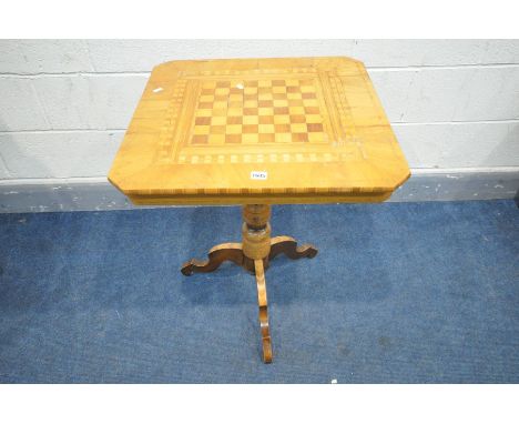 A 19TH CENTURY MARQUETRY INLAID CHESS TRIPOD TABLE, with canted corners, 60cm x height 74cm