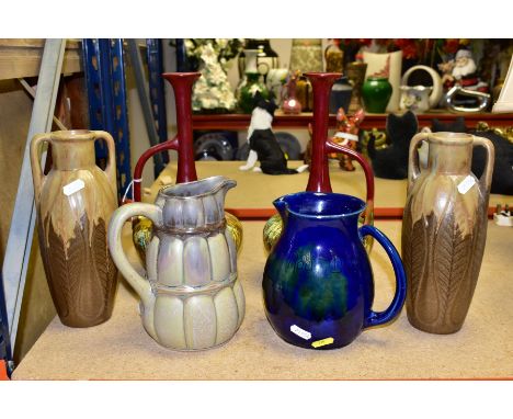 SIX CERAMIC VASES AND JUGS, comprising a pair of twin handle French Denbac vases with relief leaf pattern and dripped crystal