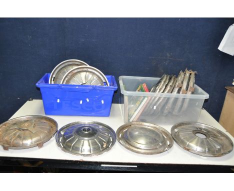 TWO TRAYS CONTAINING PRESSED STEEL HUB CAPS to include four Jaguar 14in fit, four rover 14in fit (two emblems loose) three pl