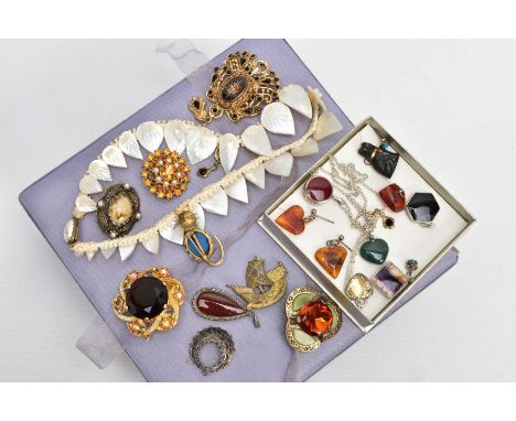 A SELECTION OF SILVER AND COSTUME JEWELLERY, to include a silver pendant necklace of a circular form, set with carnelian and 