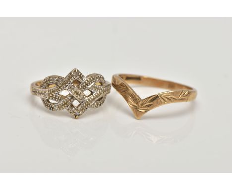 A 9CT GOLD DIAMOND RING AND A WISHBONE RING, the openwork ring set with single cut diamond detail, stamped diamond weight 0.0