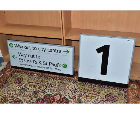 TWO MODERN ENAMEL RAILWAY SIGNS, 'Way Out to City Centre Way Out to St Chad's &amp; St Paul's', presumably from Birmingham Sn
