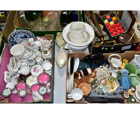 FOUR BOXES AND LOOSE CERAMICS, SUNDRIES, GLASS, ETC, to include John Steventon pink dressing table set (8), some reglued, a D