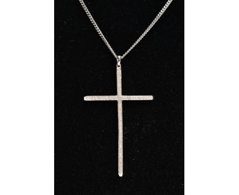 A 9CT WHITE GOLD, DIAMOND CROSS PENDANT AND CHAIN, the thin cross pendant set with single cut diamond detail, fitted with a t