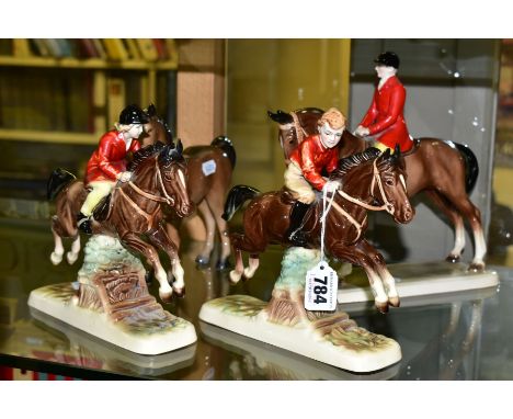 THREE HERTWIG CERAMIC HORSES, comprising a girl jumping a fence, a boy jumping a fence and a huntsman on a horse with raised 