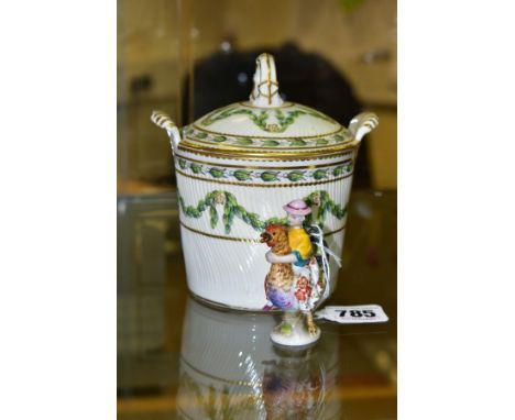 A LATE VICTORIAN ROYAL WORCESTER SAUCE TUREEN AND COVER OF PAIL FORM AND A SCENT BOTTLE, wyrthen moulded detail to the cover 
