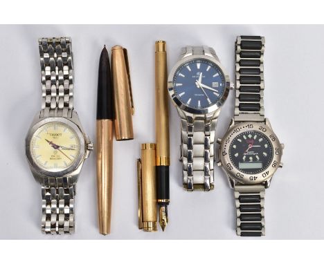THREE GENTLEMENS WRISTWATCHES AND TWO PENS, to include a vintage Mont Blanc Noblesse gold plated fountain pen, the cap with a
