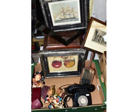 TWO BOXES AND LOOSE PICTURES, ORNAMENTS, VINTAGE TELEPHONE AND GRAMOPHONE, ETC, to include an early 20th Century His Masters 