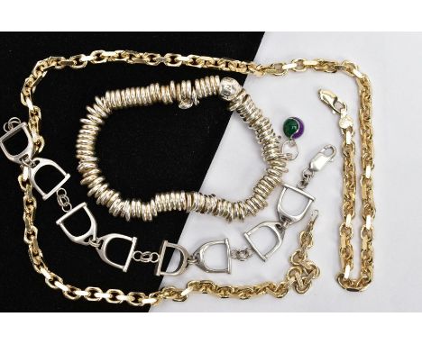 THREE PIECES OF JEWELLERY, to include a silver snaffle bracelet, fitted with a lobster claw clasp, hallmarked silver Birmingh