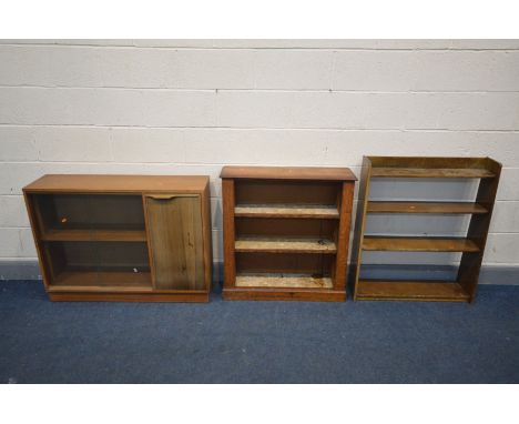 A VICTORIAN OAK OPEN BOOKCASE, width 81cm x depth 23cm x height 85cm, along with a mid-century afromosia bookcase (missing so