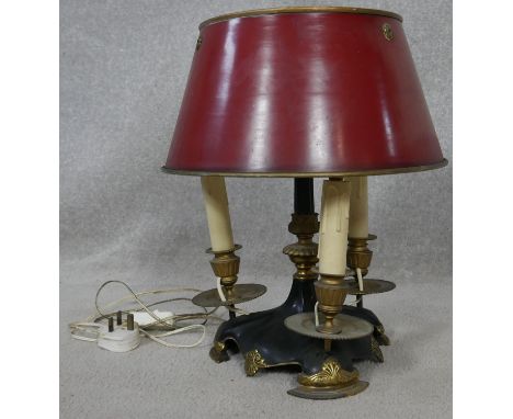 A vintage brass and metal three branch bouillotte lamp with toleware shade. H.40cm 