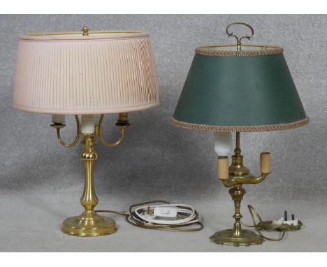 A vintage brass triple branch table lamp and another similar example.  H.57cm 