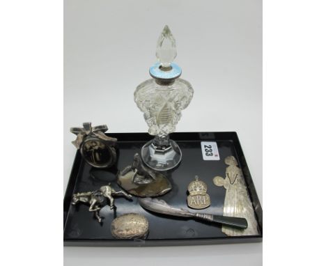 A Hallmarked Silver and Enamel Mounted Cut Glass Scent Bottle, (damage), a novelty whale on agate slice, a dainty easel back 