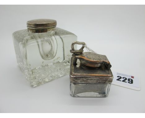 A Hallmarked Silver Topped Square Glass Inkwell, P&amp;D, Birmingham 1900; together with a smaller travelling inkwell, with s