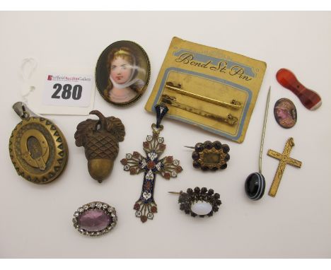 Victorian and Later Brooches, a Victorian oval locket pendant, enamel cross pendant, bulls eye banded agate stickpin, etc. 